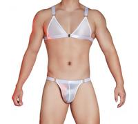 TouKingda Mens Sheer Sissy Bra Thong Set 2Pcs See Through Underwear White