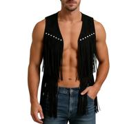 TouKingda Men's Sleeveless Cowboy Fringe Gilet Vintage Open Front Cardigan | Western Cowboy Style V Neck Studded Suede Waistcoat, Long Tassel 70s Hippie Vest for Festival Country Concert Fancy Dress