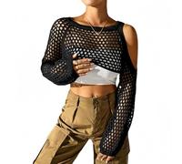 TouKingda Mesh Fishnet Top for Women, Long Sleeve Shrug Novelty Off Shoulder Crop Top Y2K Hollow Out Knitted Cover Up Casual Stylish Ladies Outerwear Disco Carnival Music Festival Clubwear (Black)
