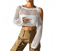 TouKingda Mesh Fishnet Top for Women, Long Sleeve Shrug Novelty Off Shoulder Crop Top Y2K Hollow Out Knitted Cover Up Casual Stylish Ladies Outerwear Disco Carnival Music Festival Clubwear (White)