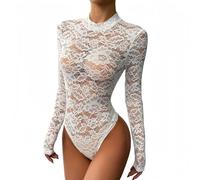 TouKingda See Through Floral Lace Bodysuit for Women, Sexy Sheer Mesh Half Mock Neck Long Sleeve Slim Fit Body Suit Jumpsuit Shapewear Embroidery Lace Casual Leotard Tops with Snap Closure