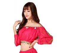 TouKingda Women's Belly Dance Top, Glitter Coins Lace Cutout Long Sleeves Crop Tops for Tribal Belly Dance Blouse Top Dancewear Performance Outfit for Festival Carnival Stage Show, Hot Pink