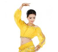 TouKingda Women's Belly Dance Top, Glitter Coins Long Sleeves Crop Tops for Tribal Belly Dance Lace Cutout Long Sleeve Blouse Top Dancewear Performance Outfit for Festival Carnival Stage Show, Yellow