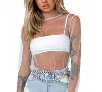 TouKingda Women's Long Sleeve Tops Sexy Sheer Mesh See Through Tee Shirt Mock Neck Slim Fit Sparkle Glitter Y2K Basic Blouse Tops for Party Club Night Outfits(White/M)