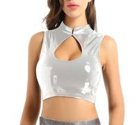 TouKingda Women's Shiny Crop Top Sexy PU Leather Mock Neck Short Tank Tops for Party Clubwear Button Down Sleeveless Metallic Vest Slim Fit Wet Look Dancewear Music Festival Disco Costume, Silver/XL