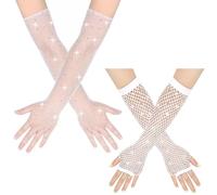 TouKingda Women's Sparkly Mesh Fingerless & Long Fish Net Gloves, 2 Pairs - White, One Size - Rhinestone Embellished - Perfect for 80s Fancy Dress, Halloween, Disco, Cosplay, Rave & More