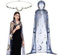 Toulite 2 Pcs Halloween Witch Cosplay Costume Set Sorceress Hooded Cape for Women and Moon Head Chain Halloween Cosplay, Dark Blue, One Size