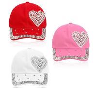 Toulite 3 Pcs Valentine's Day Baseball Cap for Women Bling Heart Baseball Cap Studded Rhinestone Pearl Hat Shiny Sequin Hat for Women, Red Cream Pink