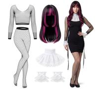 Toulite Halloween Vampire Doll Costume Accessories Set for Women with Wig | Fishnet Top, Fishnet Tights, Lace Collar, Wrist Cuffs, Brown Pink Wig, Gothic Halloween Cosplay Dress up Themed Parties