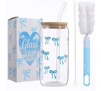 Toumdafine Bow Glass Cup Set with Brushes, Bow Iced Coffee Glass Cups with Lids and Straws, 16 oz Bow Mug Aesthetic Cups, Blue Cute Glass Cups for Girls, for Women, Friends