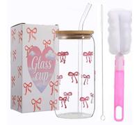 Toumdafine Bow Glass Cup Set with Brushes, Bow Iced Coffee Glass Cups with Lids and Straws, 16 oz Bow Mug Aesthetic Cups, Pink Cute Glass Cups for Girls, for Women, Friends