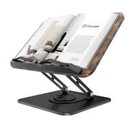 tounee Book Stand, 360° Rotating Reading Book Holder, Adjustable Cookbook Holder for Reading Hands-Free, Foldable Desktop Recipe Book Stand with Protective Page Clips, Fits All Books - Black