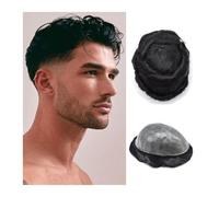 Toupee for Men Human Hair Durable Replacement System 0.1-0.12mm Thin Transparent Injected PU Skin Male Wig Unit Jet Black Men's Toupee Hairpieces Hairline Fine(6"x8")