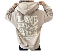 TOUPKO Hoodies for Women Love Never Fails Letter Print Graphic Hooded Sweatshirts Casual Fall Loose Long Sleeve Pullover Tops, Beige, S