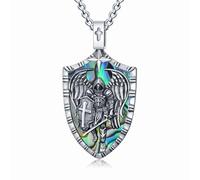 TOUPOP Archangel St.Michael Necklace with Abalone Shell Shield 925 Sterling Silver Protect Us Pendant for Men Women St Michael Medal Saint Michael Protect Us Gift for Father Son