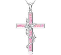 TOUPOP Butterfly Necklace 925 Sterling Silver Butterfly Cross Pendant Necklaces Pink Opal Jewellery Gifts for Women Her Daughter Wife Anniversary Birthday Gifts Ideas
