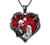 TOUPOP Nightmare Necklace 925 Sterling Silver Jack and Sally Heart Red Jack Skellington Skull Pendant Crystal Jewellery Nightmare Gifts for Women Wife Daughter Teen Girls Christmas Birthday Gift