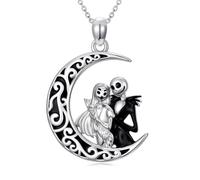 TOUPOP Nightmare Necklace 925 Sterling Silver Moon Jack and Sally Jack Skellington Skull Pendant Jewellery Nightmare Gifts for Women Wife Daughter Teen Girls Christmas Birthday Gift