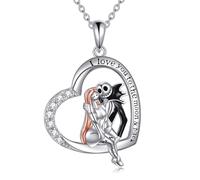 TOUPOP Nightmare Necklace Sterling Silver Jack and Sally Heart Pendant Necklace Jack Skellington Skull Jewelry Birthday Christmas Gifts for Women Wife Girlfriend