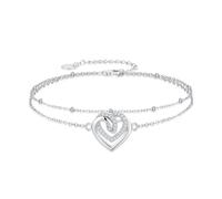 TOUPOP Sterling Silver Double Layer Heart Anklet for Women Adjustable Heart Charm Ankle Bracelet Romantic Jewelry Birthday Anniversary Valentine’s Day Gift for Her Wife Girlfriend