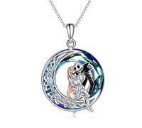 TOUPOP Sterling Silver Nightmare Necklace for Women Jack and Sally Pendant Necklace Jack Skellington Celtic Moon Necklace with Blue Crystal Skull Jewelry for Women Christmas Gifts