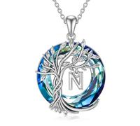 TOUPOP Tree of Life Initial A-Z Letter Necklace 925 Sterling Silver Irish Family Celtic Tree Blue Crystal Jewellery Anniversary Birthday Gifts for Women Girls Ladies Her Wife