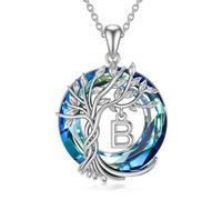 TOUPOP Tree of Life Initial A-Z Letter Necklace 925 Sterling Silver Irish Family Celtic Tree Blue Crystal Jewellery Anniversary Birthday Gifts for Women Girls Ladies Her Wife