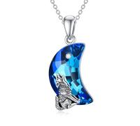 TOUPOP Wolf Jewelry Sterling Silver Howling Wolf Pendant Necklace Blue Crystal Moon Jewelry for Wolf Lover