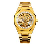 Tourbillon Design Men's Analog Automatic Stainless Steel Wrist Watch Mechanical Skeleton Male Clock (Gold White)