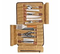 TOURBON Chefs Knife Roll Bag 12 Slots Waxed Canvas and Leather Knife Carry Case Portable Kitchen Tool Organizer