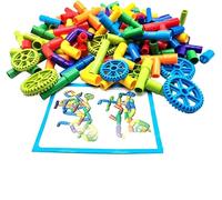 TourKing 102pcs Pipe Tube Toy, Sensory Water Tube Locks Construction Building Blocks, Educational Building Learning Toys with Wheels Car Construction Toy for 3 Year Old Kid