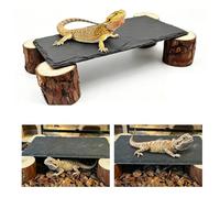 TourKing Basking Platform with Slate Rock & Natural Wood Pile, Bearded Dragon Tank Accessories with Hide Cave for Leopard Gecko, Ball Python, Tortoise, Reptile Climbing Rock for Vivarium
