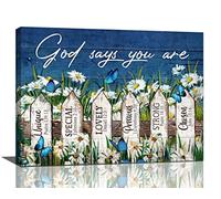 Tourrest Farmhouse Daisy Butterfly Bathroom Wall Art Blue Flowers Pictures Motivational Christian Scripture Decor Rustic Country Floral Canvas Painting Framed Artwork for Bedroom 16''x12''