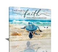 Tourrest Scripture Holy Bible Wall Art Teal Sea Turtle Walk by Faith Canvas Print Quotes Framed Artwork Blue Ocean Beach Coast Scenery Poster Motivational Animal Large Wooden Wall Décor, 16 x 12 in