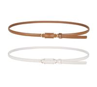 TOURZOO Skinny Genuine Leather Belts for Women Thin Waist Belt for Dresses Jeans Adjustable with Gold Buckle 0.4" Width, 2pcs/Brown+white, Fit waist below 34"
