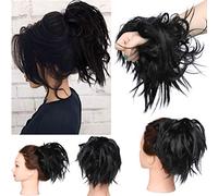Tousled Updo Messy Bun Hair Piece Scrunchies Hair Synthetic Wavy Bun Extensions Fluffy Updo Scrunchy Chignon with Elastic Rubber Band Wrap on Donut Ponytail Hairpieces Dark Black