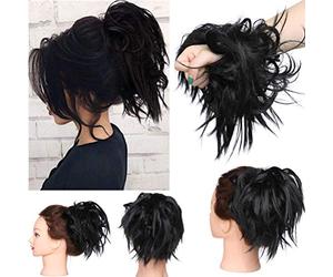 Tousled Updo Messy Bun Hair Piece Scrunchies Hair Synthetic Wavy Bun Extensions Fluffy Updo Scrunchy Chignon with Elastic Rubber Band Wrap on Donut Ponytail Hairpieces Dark Black