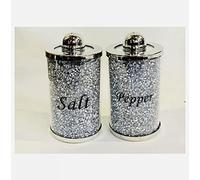 TOV® Diamond Crushed Salt Pepper CANISTERS Jars Storage Silver Trimmings Crystal Filled
