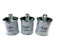 TOV® Diamond Crushed Tea Coffee Sugar CANISTERS Jars Storage Silver Trimmings Crystal Filled