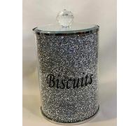 TOV® Diamond Crushed Tea Coffee Sugar CANISTERS Jars Storage Silver Trimmings Crystal Filled (Biscuit- Silver)