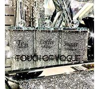 TOV® Set of 3 Tea Coffee Sugar Canisters - Silver Crystal Filled
