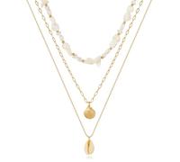 TOVABA Shell Necklace for Women - 3-Tier Handmade Boho Jewellery with Natural Beads, Gold Chains & Pendant Charms, Hypoallergenic, Non-Tarnish Summer Gift for Her