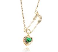 Tovbmup 12K Gold & Green Heart Safety Pin Necklace for Women - Elegant Crystal Charm Pendant Jewelry, Gift for Birthday, Mother's Day, Anniversary, Wife Girlfriend Bridesmaid Surprise Present