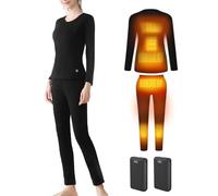 TOVCHEI Heated Thermal Underwear Set with Battery USB Electric Heating Shirt Pants Warm Fleece Base Layer Top & Bottom,Women Black,L