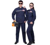 TOVCHEI Workwear Denim Suit Long Sleeve Coverall Unisex Overalls Jacket & Jean Pants with Reflective Stripe,Blue,L