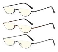 TOVEEN Half Lens Reading Glasses Blue Light Blocking, Half Moon Frame Semi Rim Spring Hinge Readers with Case for Men Women, 3 Pack (Black/Brown/Gunmetal), Small