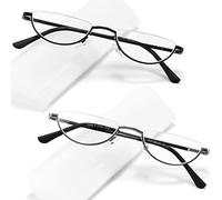 TOVEEN Reading Glasses Half Lens Blue Light Blocking Half Moon Frame Spring Hinge with Case for Men Women, 2 Pieces (Black/Gunmetal)