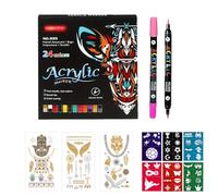 ToVii 12 Dual Tip 24 Color Acrylic Tattoo Pens 6 Stencil Templates 3 Temporary Tattoo Stickers Soft Brush Tip for Body Painting Holiday Costumes Ceramic Graffiti Art Drawing Party Makeup