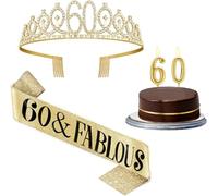 ToVii 60th Birthday Decorations for Women with 60th Birthday Sash and Crown,Gold Number 60 Candles,60 Year Old Gifts for