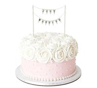 ToVii Happy Birthday Cake Banner Wedding Cake Topper, Vintage Rustic Bunting Toppers Just Married Cake Topper Handmade Pennant Flags with Wood Pole Ivory(White, 7.87 Inches)
